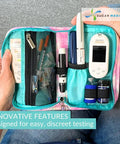 Diabetes Grab-And-Go Travel Case For Glucose Meter And Essentials, Portable Diabetic Organizer Bag, Glucometer Kit, Medical Supplies Pouch, Easy Everyday Diabetes Care, zip-open teal case with meter and supplies