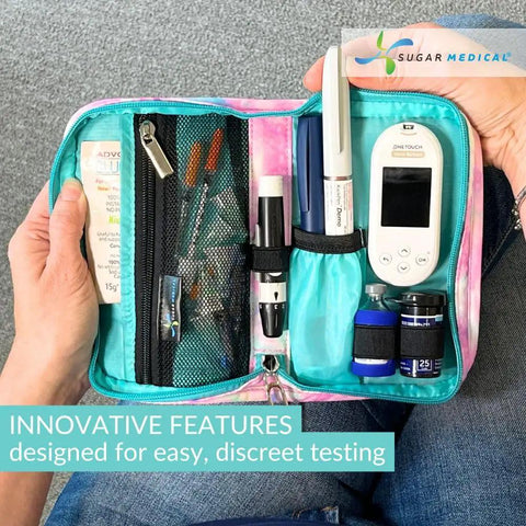 Diabetes Grab-And-Go Travel Case For Glucose Meter And Essentials, Portable Diabetic Organizer Bag, Glucometer Kit, Medical Supplies Pouch, Easy Everyday Diabetes Care, zip-open teal case with meter and supplies