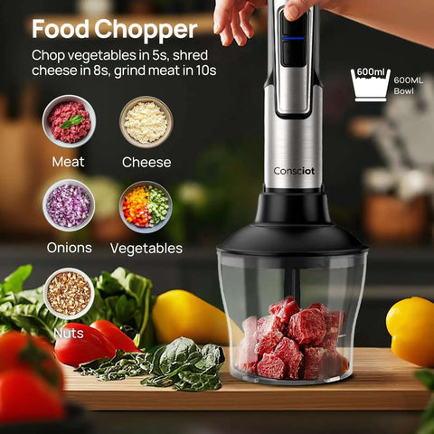 Kickstart Your Kitchen Game With This Heavy Duty 5 In 1 Immersion Blender Featuring 1100W Motor And 21 Speed Settings Plus Turbo Mode with food chopper and ingredients.