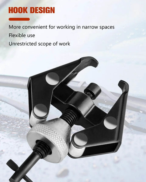 Universal Windshield Wiper Arm Removal Tool Kit With Stainless Steel Wiper Puller For Safe No Hassle Damage Free Arm Removal On Cars Trucks SUVs Includes Small Bearing Remover And Auto Repair Accessories, showing close-up of black metal hook design tool.