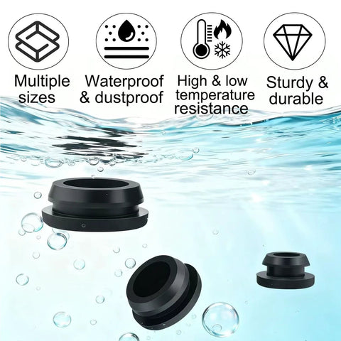 130 Pcs Rubber Hole Plugs Set In 11 Sizes Silicone Round Plugs For Sealing Holes, shown underwater highlighting waterproof and durable features.