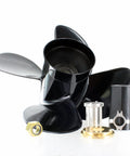 Spitfire 14 Inch By 17 Inch Right Hand Propeller With Flo Torq II Hub Kit Included OEM Marine Propeller Black Finish 15 Tooth Spline Durable Performance For Inboard Outboard Boats, showing propeller with included hub kit parts