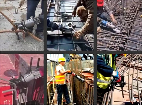Heavy Duty Hydraulic Rebar Cutter With Knockout Punch Electric Motor cuts rebar on job site, showcasing operator handling and maneuverability.