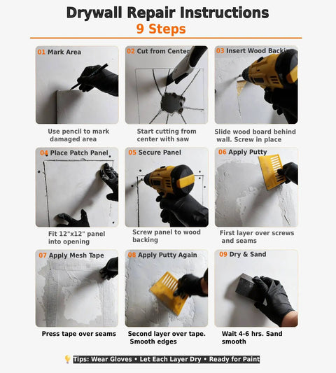 Step-by-step guide for using 34 Piece Drywall Repair Kit For Large Holes And Cracks That Wont Break The Bank Includes 12x12 Inch Patch Saw Wood Backing Boards Spackle Mesh Tape Pencil And More For Quick Easy DIY Wall Repair.