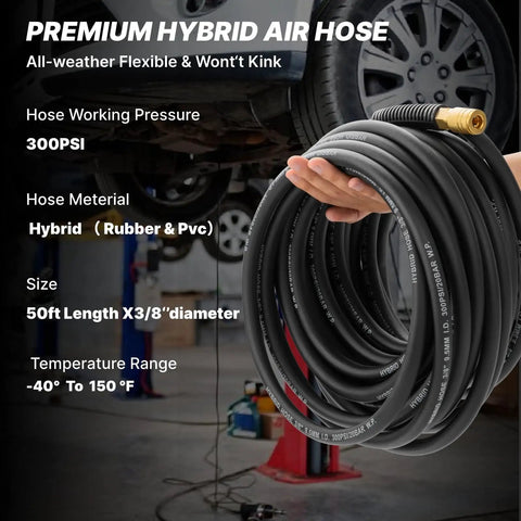 Three Eighths Inch Hybrid Air Hose 50 Foot Heavy Duty Air Compressor Hose With Kink Resistant Design All Weather Flex