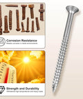 410 Stainless Steel Deck Screws Seven By One And Five Eighths Inch 100 Pack Torx T15 Drive Beefy Outdoor Wood Fasteners shown with rusted screws and durability graphics.
