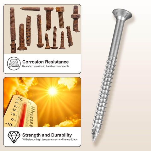 410 Stainless Steel Deck Screws Seven By One And Five Eighths Inch 100 Pack Torx T15 Drive Beefy Outdoor Wood Fasteners shown with rusted screws and durability graphics.