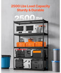 Beefy Industrial Storage Shelving Unit With 5 Tiers And 2500 Lbs Total Capacity loaded with tools and containers in a garage