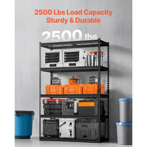 Beefy Industrial Storage Shelving Unit With 5 Tiers And 2500 Lbs Total Capacity loaded with tools and containers in a garage