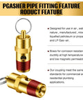 Set of four brass 1/4-inch NPT pressure relief valves for air compressors; gold body with red threaded section.