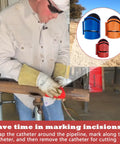 Worker using Magnetic Metal Pipe Cutting Guide Kit For Precision Cuts And Pipe Marking Tool, three size options visible