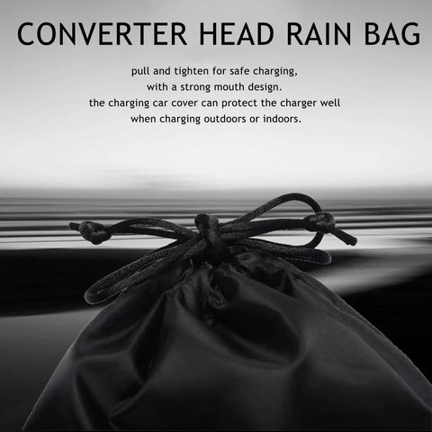 Tough As Nails EV Charger Plug Cover Heavy Duty Waterproof Shield. Black converter head rain bag with drawstring design.