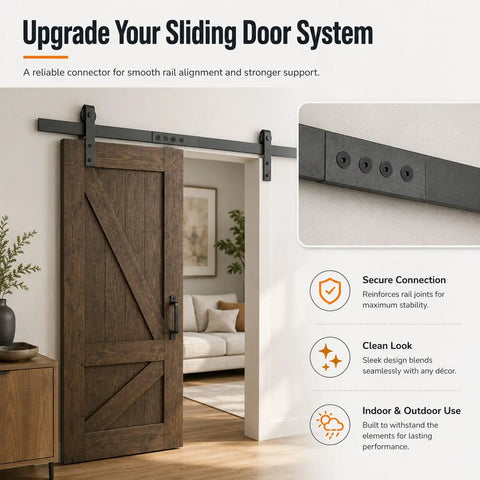 Heavy Duty Sliding Barn Door Track Connector Rock Solid Carbon Steel Splice Kit Rust Resistant Black Metal Rail Joiner on door.