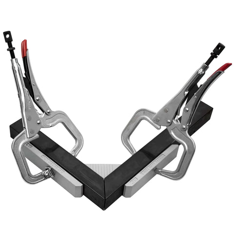 Right Angle Aluminum Weld Fixture 90 Degree Tru Angle Spatter Proof Alloy with vise clamps holding materials at 90-degree.