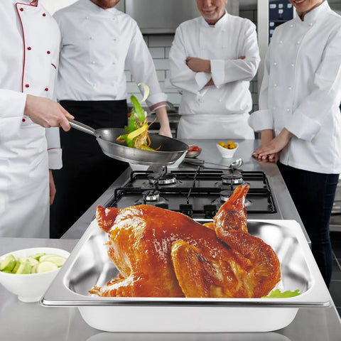Chefs cooking with Six Pack Half Size Stainless Steel Hotel Pans 13 X 10.6 X 2.56 Inch 4.3 Quart Capacity Durable 201 Stainless