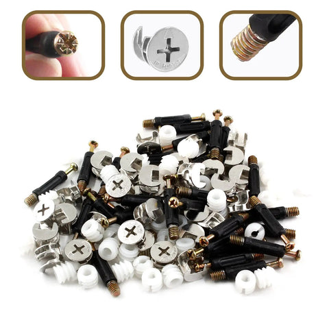 Top Shelf Three In One Cam Lock Fittings Set, Real Deal Furniture Connector Hardware Kit with assorted cam locks and fasteners.