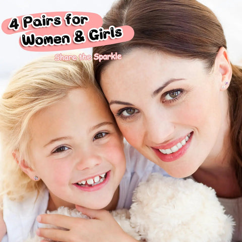 Hypoallergenic Surgical Steel Earrings for Girls and Toddlers with Screw Back Flat Posts Nickel Free and Safe for Sensitive Ears Kid Friendly Mixed 14K Gold and Silver Stud Set Featuring Heart Flower Pearl Star Shapes, worn by girl and woman