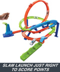 Action Loop Cyclone Challenge Car Track Set With Boomerang Loops, 18 Inch Tall Raceway in slam launch mode with 64 scale car.