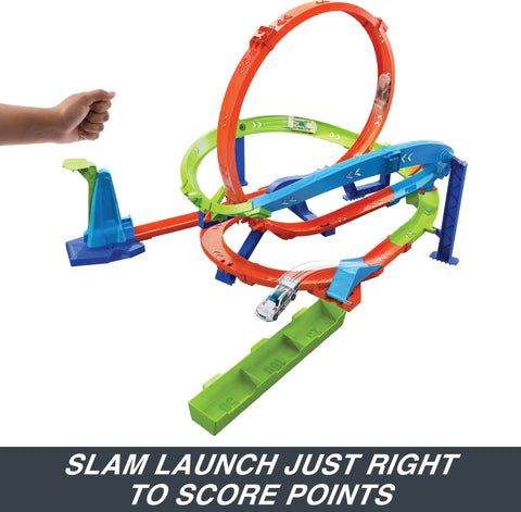 Action Loop Cyclone Challenge Car Track Set With Boomerang Loops, 18 Inch Tall Raceway in slam launch mode with 64 scale car.