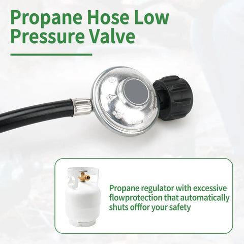 Propane Gas Hose With Low Pressure Regulator 3.5 Feet Long 3/8 Inch Female Flare Nut QCC1 Compatible shown with valve close-up.