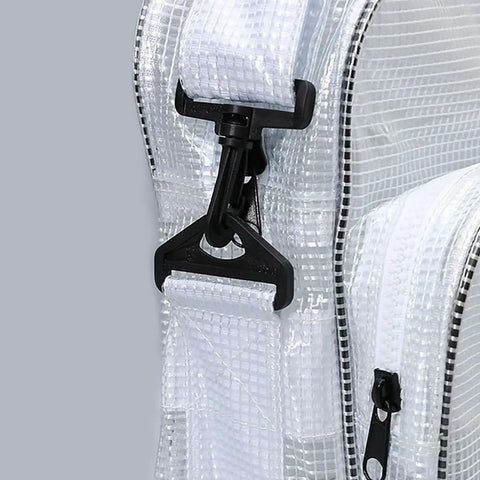 Close-up of adjustable strap clip on 15 Point 7 Inch Transparent Anti Static Cleanroom Engineer Shoulder Bag With Adjustable Strap Durable Abrasion Resistant Pvc Tool Hauler.