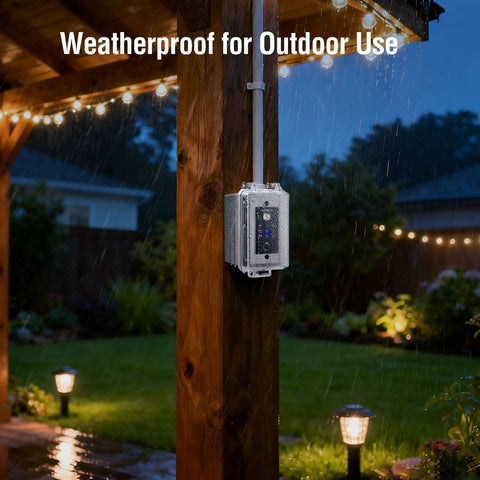 Smart Heavy Duty Hardwired Dusk To Dawn Photocell Switch With Hella Robust 20 Amp Rating Designed For Outdoor Floodlight Control And Landscape Transformers mounted on a wooden post in rain.