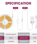 Specification sheet showing Warm White 3000K LED Strip Light 16.4ft 24V DC COB Dimmable Tape Lights With RF Controller And Power Adapter.