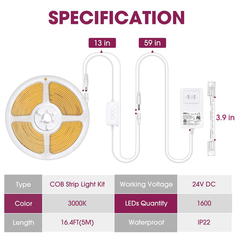 Specification sheet showing Warm White 3000K LED Strip Light 16.4ft 24V DC COB Dimmable Tape Lights With RF Controller And Power Adapter.