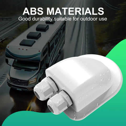 Weatherproof Double Cable Entry Gland For RV Roof Solar Junction Box Built Tough UV Resistant ABS Housing Fits 14 AWG To 10 AWG Cables displayed with RV background