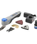 12V Brushless Cordless Oscillating Multi Tool featuring Smart App Selector, battery, and attachments for smooth cutting, sanding, and demo work.