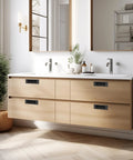 6 Inch Flush Pull Sliding Barn Door Handle Set on wooden bathroom cabinet, matte black, recessed design, modern decor.