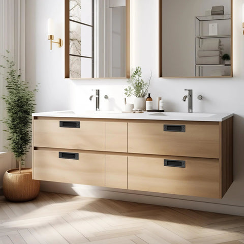 6 Inch Flush Pull Sliding Barn Door Handle Set on wooden bathroom cabinet, matte black, recessed design, modern decor.