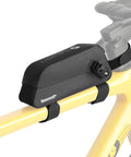 Slim Fit Bike Top Tube Bag Waterproof IPX4 Magnetic Closure Frame Pouch For Road And MTB With Dual Mounting Options Screws Or Anti Slip Straps 0.6L Capacity Also Available In 1.0L And 1.3L For Your Frame mounted on yellow bike frame