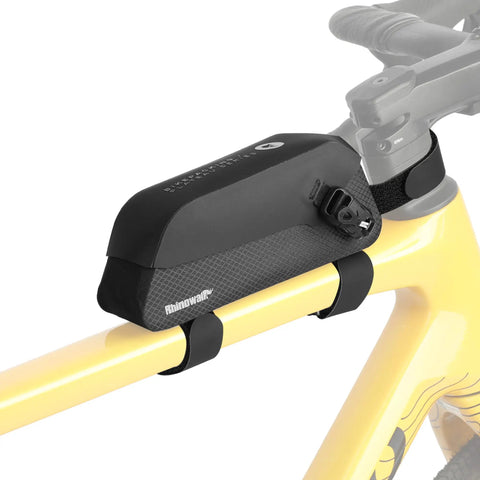 Slim Fit Bike Top Tube Bag Waterproof IPX4 Magnetic Closure Frame Pouch For Road And MTB With Dual Mounting Options Screws Or Anti Slip Straps 0.6L Capacity Also Available In 1.0L And 1.3L For Your Frame mounted on yellow bike frame