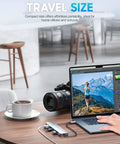 7 In 1 USB C Hub For MacBook And USB C Laptops With 4K HDMI 100W Power Delivery USB 3 0 Ports SD And TF Card Reader Space Gray Boss Level USB C Dock For Office Meetings Travel And Home Setup, placed on a desk with a laptop and camera.