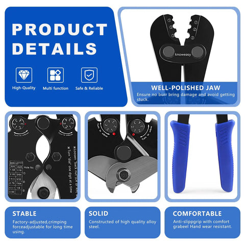 Handy Two In One Wire Rope Crimping And Cutting Tool For One Sixteenth To One Eighth Inch Cables With One Hundred Aluminum Loop Sleeves And Fifty M3 Thimbles, Heavy Duty Rigging Kit For Fast Crimps And Clean Cuts with product details and features displayed.