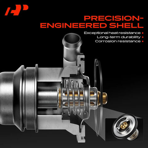 Cutaway of upgraded aluminum engine coolant thermostat housing assembly with sensor, showcasing precision engineering.