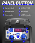 Control panel of 135 Amp 110V 220V Dual Voltage MIG Welder 3 In 1 Flux Core MIG Lift TIG And Stick Portable Welder, featuring knobs and modes.
