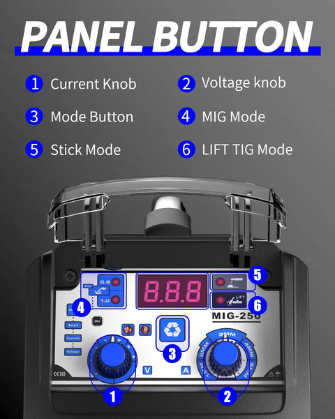 Control panel of 135 Amp 110V 220V Dual Voltage MIG Welder 3 In 1 Flux Core MIG Lift TIG And Stick Portable Welder, featuring knobs and modes.