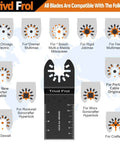 Trivd Frol oscillating saw blade kit; central black blade with ruler marks, surrounded by compatibility icons for tools.