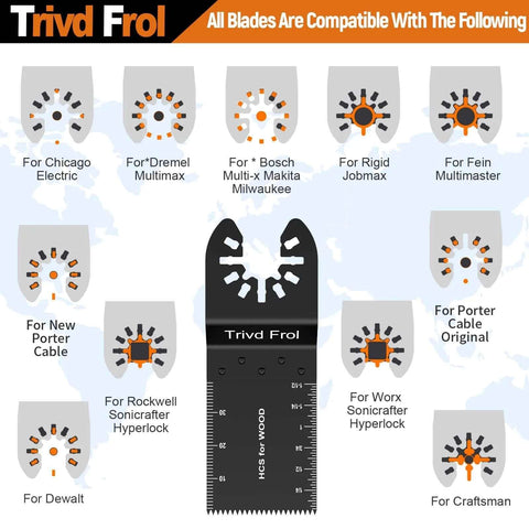 Trivd Frol oscillating saw blade kit; central black blade with ruler marks, surrounded by compatibility icons for tools.