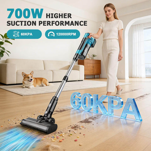 A woman using a Powerful 700W Brushless Cordless Vacuum Cleaner With 60KPa Suction on a living room floor, vacuuming pet hair.