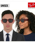 RB0840S Square Non Polarized Sunnies For Men And Women With Dark Grey Lenses shown on models in formal wear, side and front view.