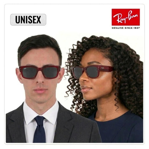 RB0840S Square Non Polarized Sunnies For Men And Women With Dark Grey Lenses shown on models in formal wear, side and front view.