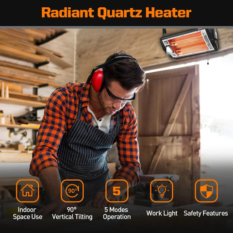 Indoor Electric Garage Heater With Ceiling Mount Radiant Quartz Heating 1500W Or 750W Work Light in workshop setting.