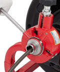 Built Tough Auto Feed Electric Drain Auger showing steel cable mechanism with red housing and controls for drain clearing.