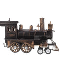 Vintage Steam Locomotive Model Sculpture for Desk Decor and Living Room, side view of alloy train figurine, black and gold finish