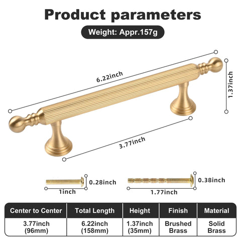 Product parameters of Two Pack Solid Brass Cabinet Handles In Gold Finish, showing dimensions, weight, and material details