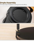 Simple assembly instructions for No Fuss Dual Tier Lazy Susan Turntable, showing installation of black base on wood surface.