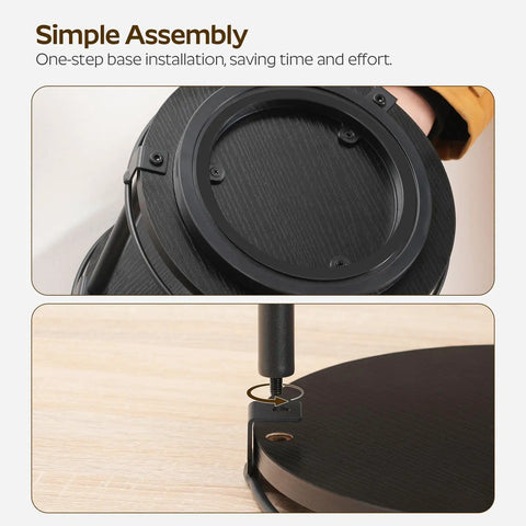 Simple assembly instructions for No Fuss Dual Tier Lazy Susan Turntable, showing installation of black base on wood surface.